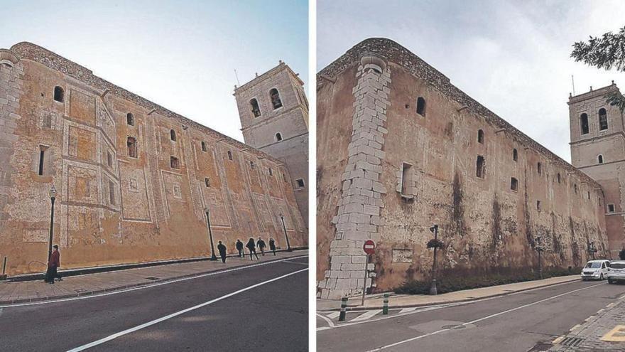 A la izquierda, aspecto de las pinturas de arquitectura fingida de la fachada de la iglesia arciprestal de Vinaròs, tras los trabajos de restauración en el 2013; y a a derecha, la fachada de la arciprestal en el 2020.