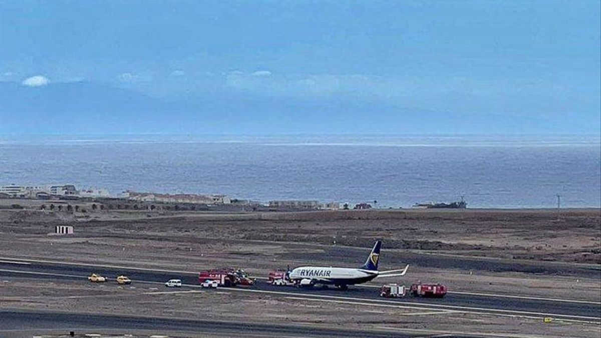 La aeronave en medio de la pista del aeropuerto Tenerife Sur, junto a vehículos de emergencias.