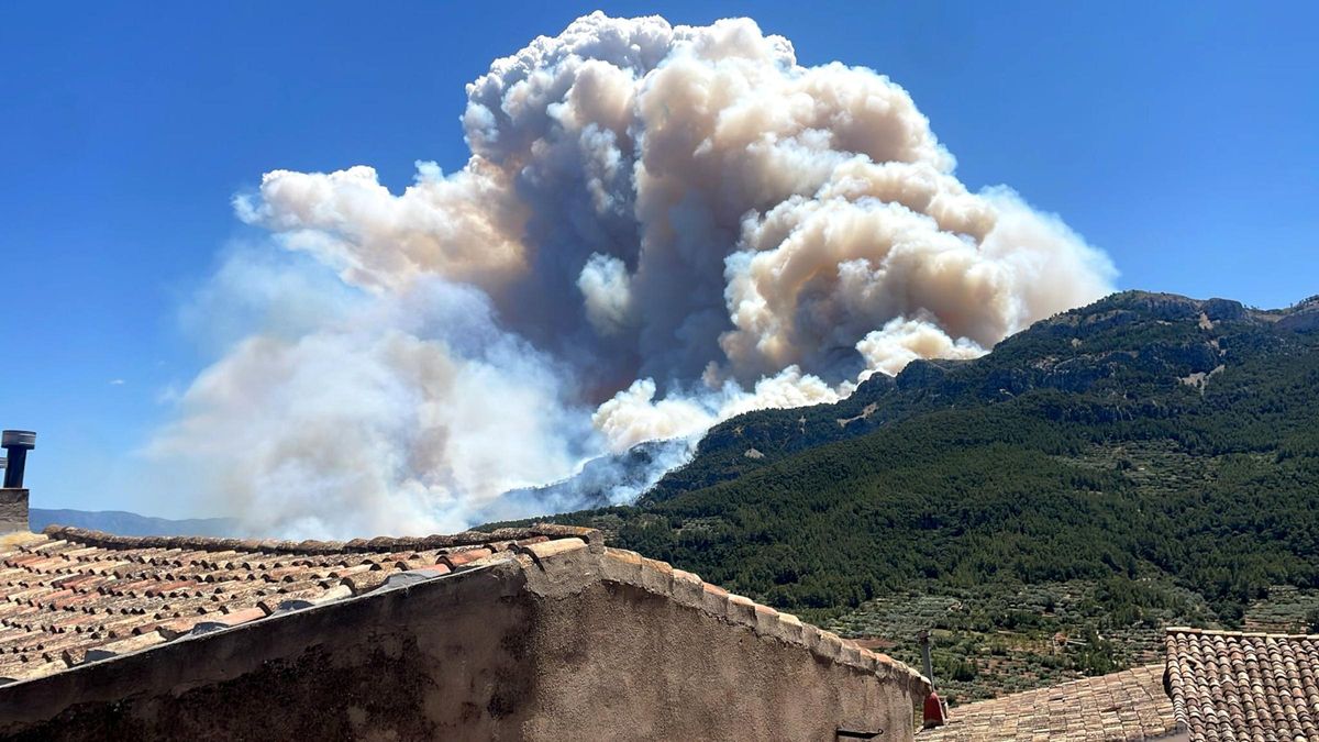 Columna de fum davant de les cases de Paüls per l'incendi forestal al barranc de l'infern