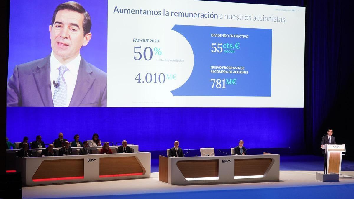 El presidente de BBVA, Carlos Torres Vila, en la junta de accionistas de BBVA.