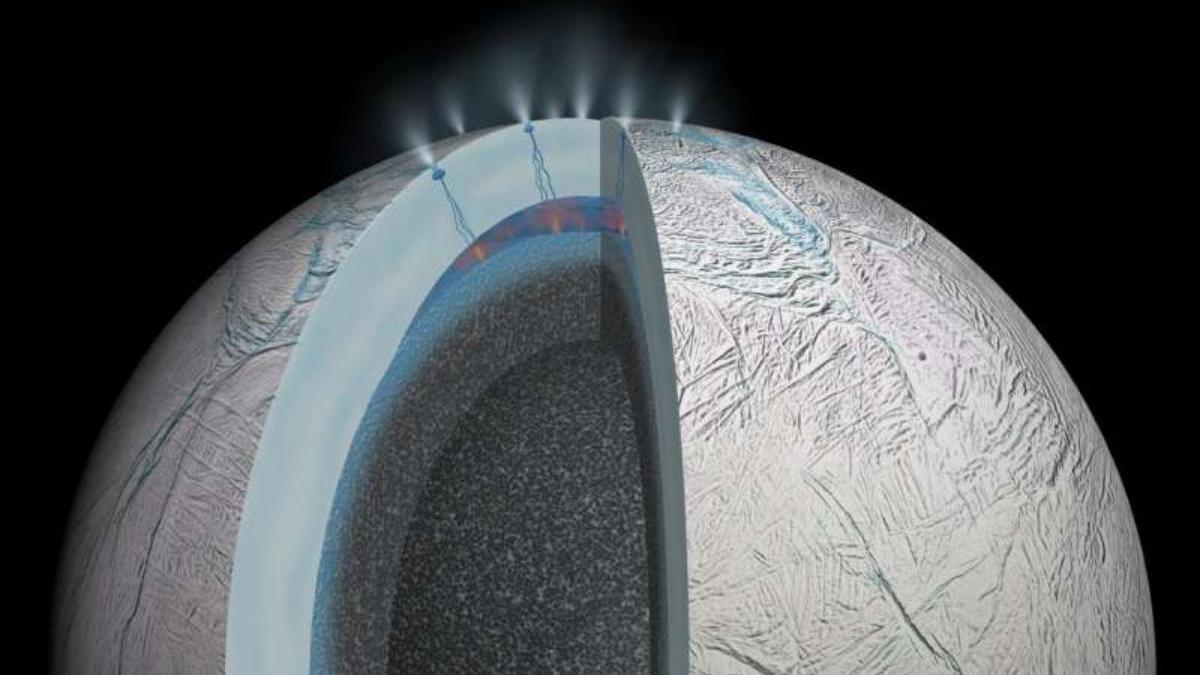 Representación artística de la luna Encelado de Saturno, que muestra la actividad hidrotermal en el lecho marino y las grietas en la corteza helada del satélite, que permiten que el material del interior acuoso sea expulsado al espacio. Un nuevo análisis de estas partículas expulsadas encuentra evidencia de fosfatos, un componente clave para la vida.