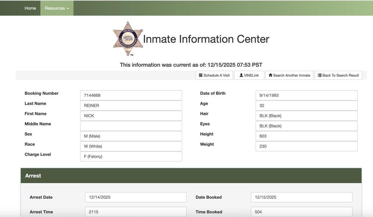 La ficha policial de Nick Reiner, principal sospechoso del crimen de sus padres, Rob Reiner y Michele Singer