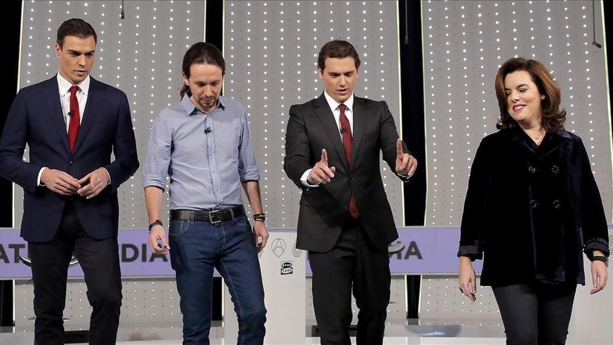 Imagen del último debate 'a cuatro' previo a las elecciones del 20-D en el que participó Soraya Sáenz de Santamaría en lugar de Mariano Rajoy