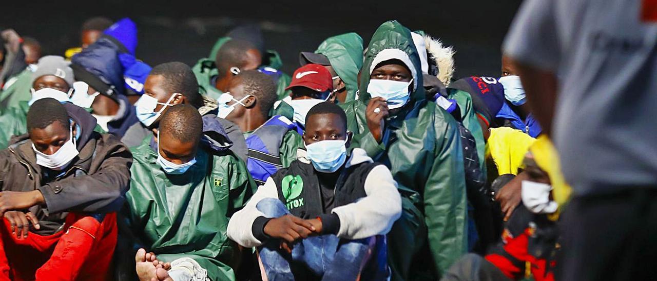 Algunos de los inmigrantes que desembarcaron anoche en el muelle de Arguineguín .