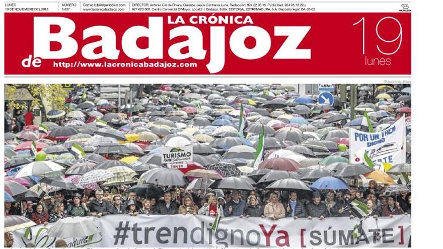 Esta es la portada de LA CRÓNICA DE BADAJOZ correspondiente al día 19 de noviembre del 2018