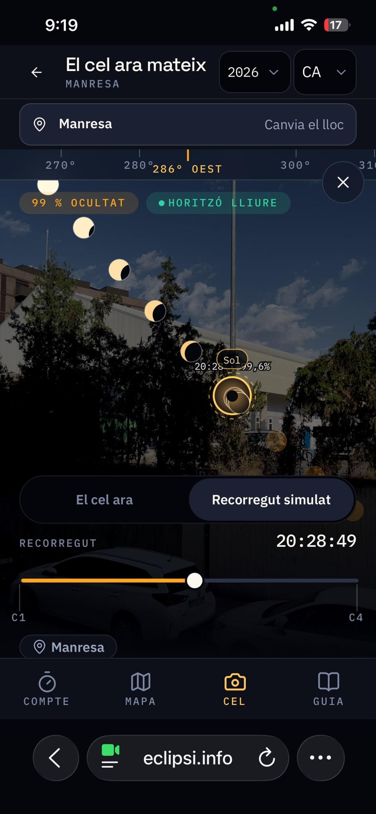 Simulació de com queda ocult l'eclipsi solar des d'un edifici del carrer Sant Antoni Maria Claret