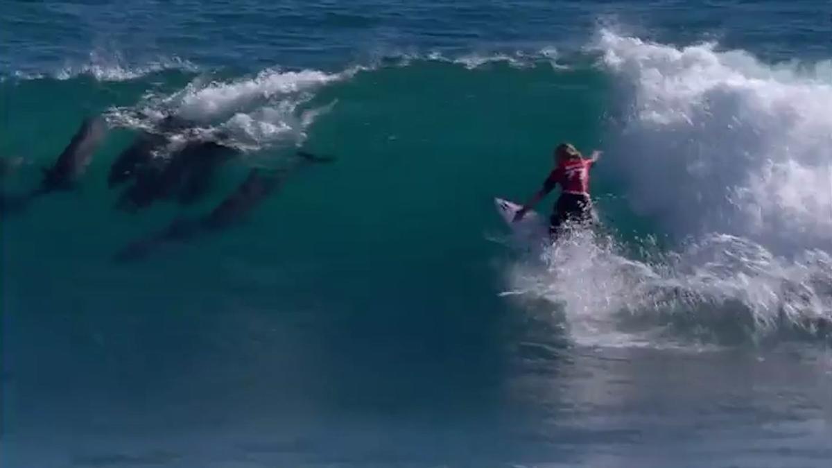 Gabriela Bryan acompañada por un grupo de delfines mientras coge una ola
