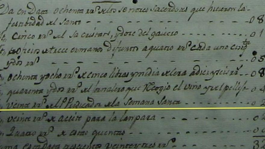 Pagos no libro de contas de San Roque de 20 reais a un predicador para Semana Santa no ano 1813.