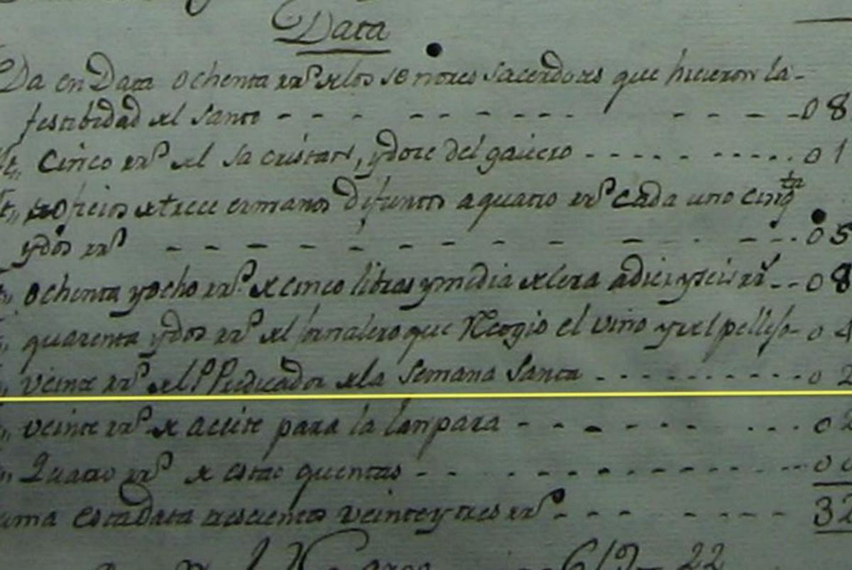 Pagos no libro de contas de San Roque de 20 reais a un predicador para Semana Santa no ano 1813.