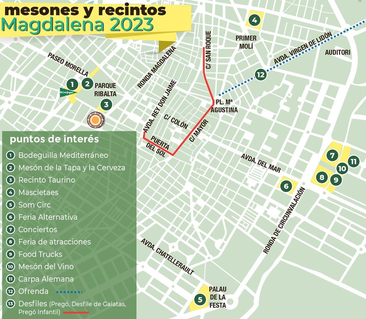 Mapa con las nuevas ubicaciones de mesones y ferias gastronómicas así como recorridos ya cerrados.