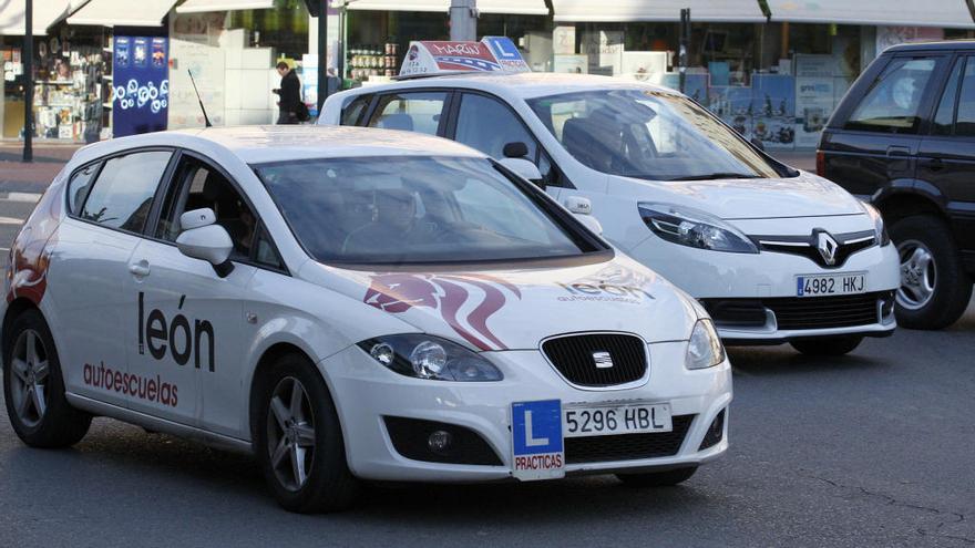 Dos coches de autoescuela circulan por el centro de Murcia.