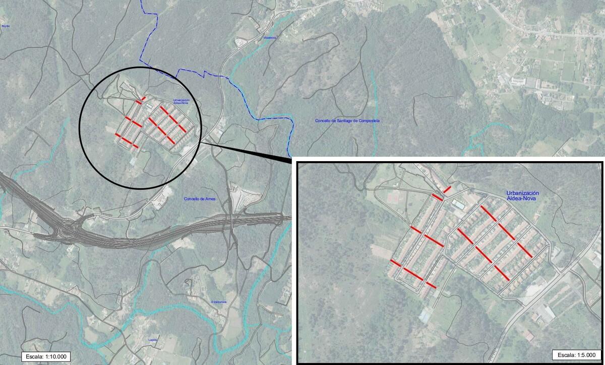 Planos de Aldea Nova con los viarios y escaleras a mejorar marcados en rojo