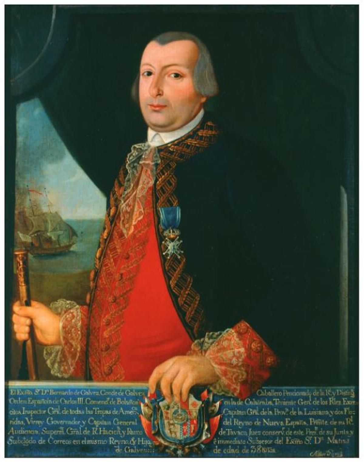 Retrato de Bernardo de Gálvez por Alfaro, con el bergantín Galveztown al fondo.