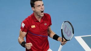 Sydney (Australia), 12/01/2020.- Roberto Bautista Agut of Spain reacts during his final match against Dusan Lajovic of Serbia on day 10 of the ATP Cup tennis tournament at Ken Rosewall Arena in Sydney, Australia, 12 January 2020. (Tenis, España, Estados Unidos) EFE/EPA/MARK EVANS EDITORIAL USE ONLY AUSTRALIA AND NEW ZEALAND OUT