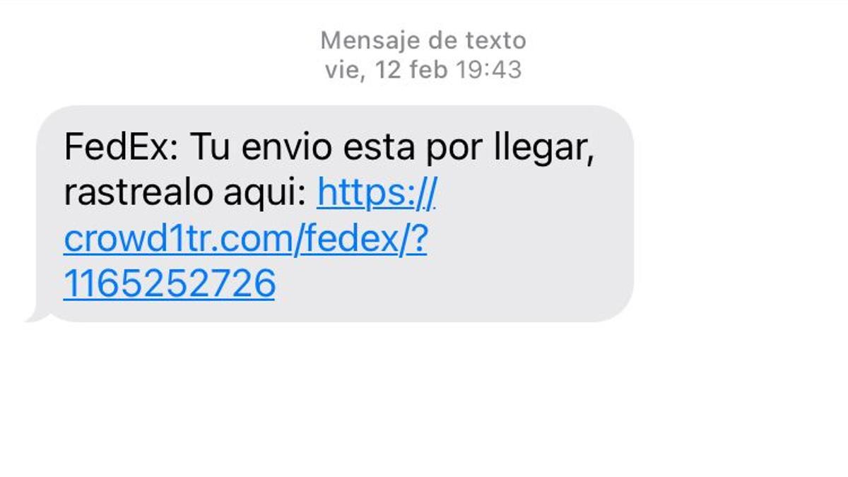 Un intento de smishing con el timo de FedEx