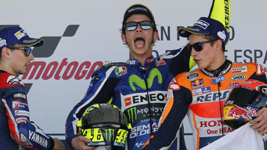 Rossi, Márquez y Lorenzo, en el podio del pasado GP de España