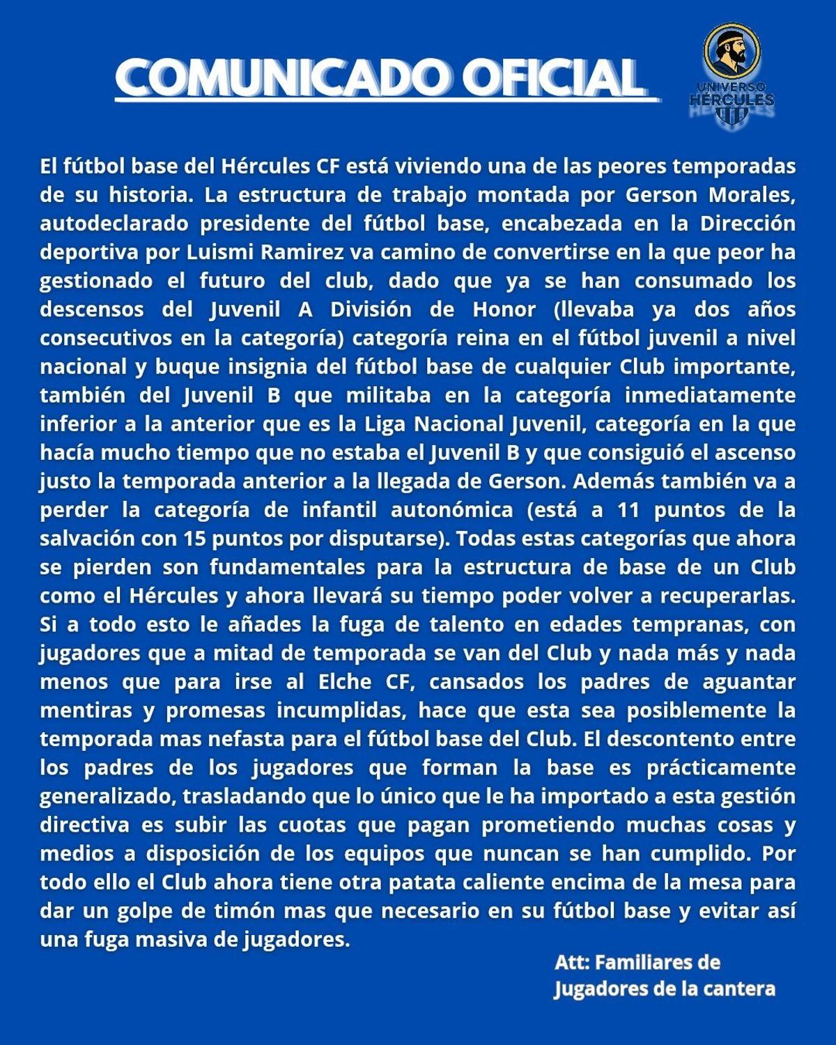 Comunicado anónimo difundido se fin de semana sobre la gestión de la cantera del Hércules.
