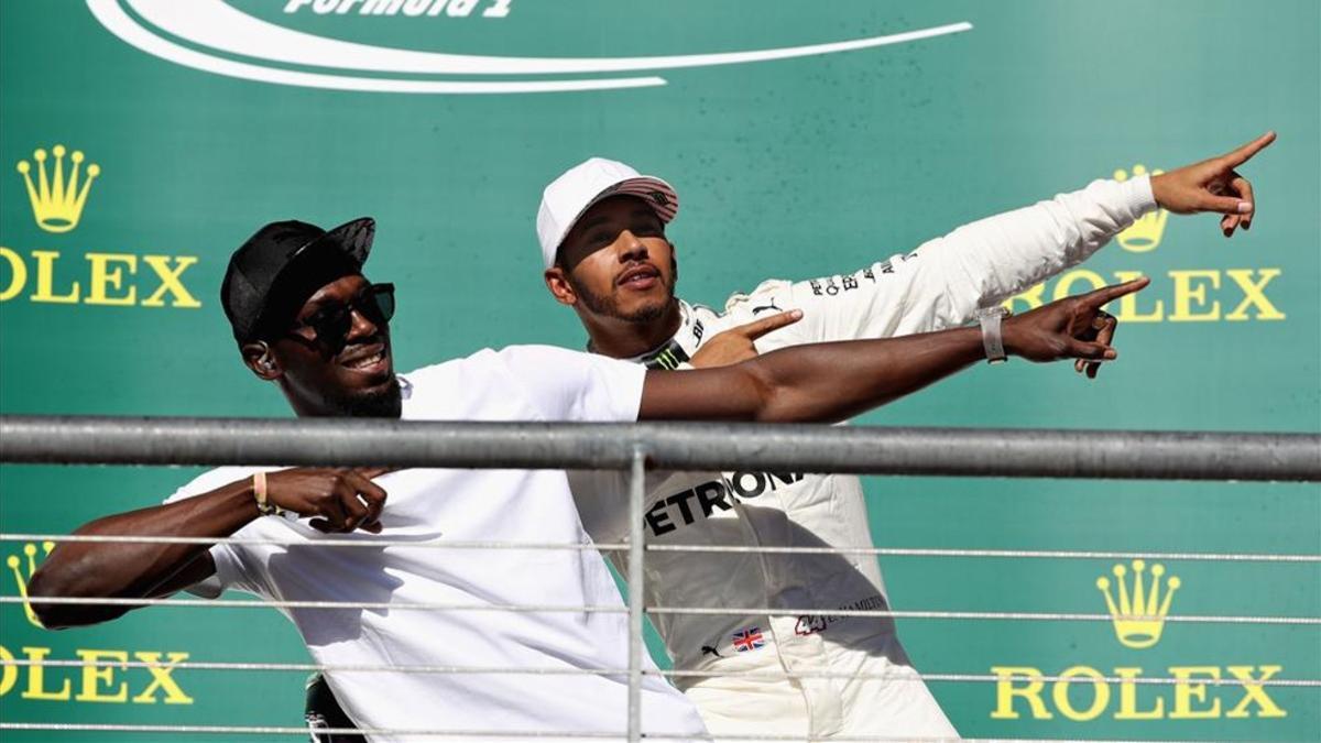 Hamilton y Bolt, en el podio de Austin