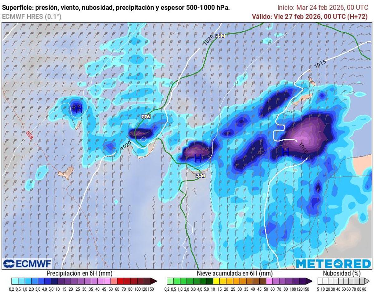 Modelo ECMWF donde se muestran los acumuladosel viernes 27 de febrero a las 00 horas