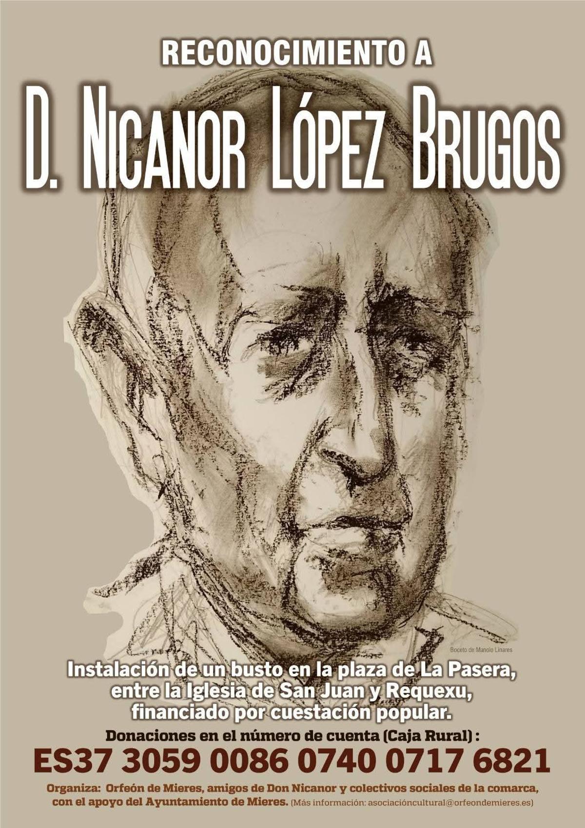 Cartel de homenaje a Don Nicanor con un retrato suyo realizado por su amigo el pintor Manolo Linares.