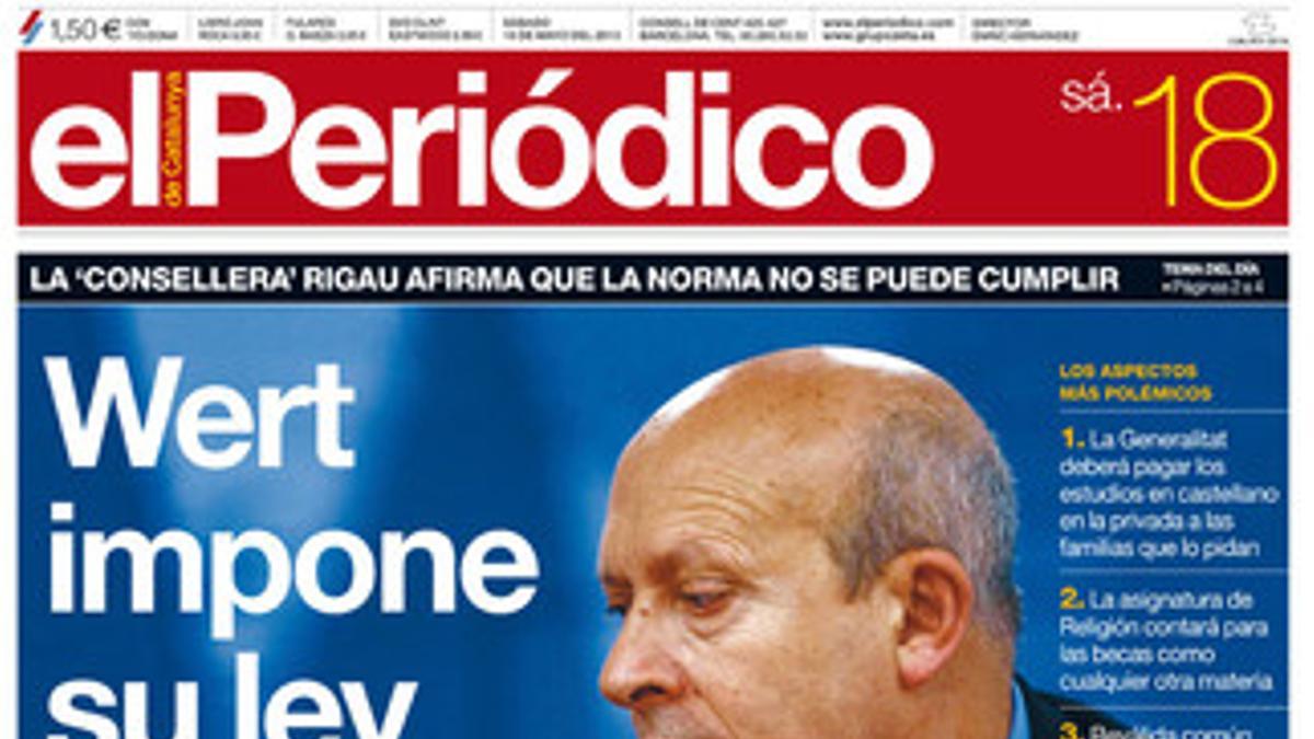 La portada de EL PERIÓDICO (18-5-2013).