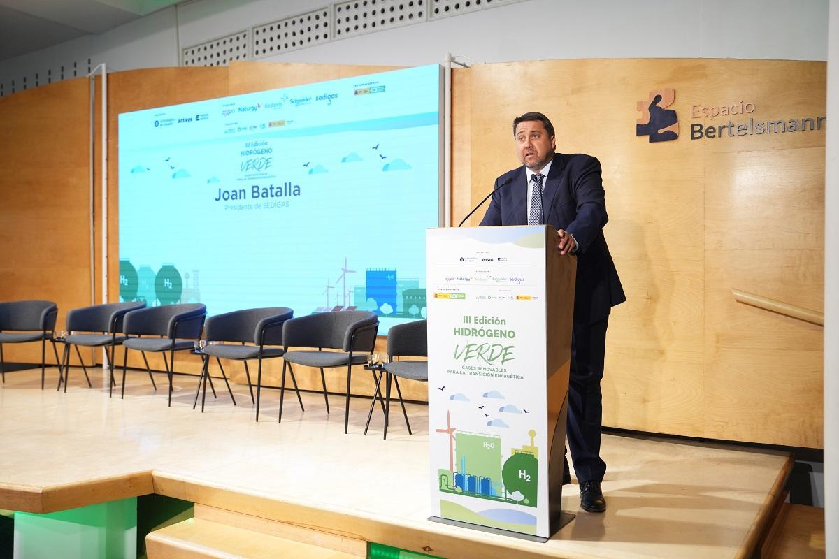 Joan Batalla, presidente de la Asociación Española del Gas (Sedigas), durante su internvención en el tercer foro 'Hidrógeno verde. Gases renovables para la transformación'.