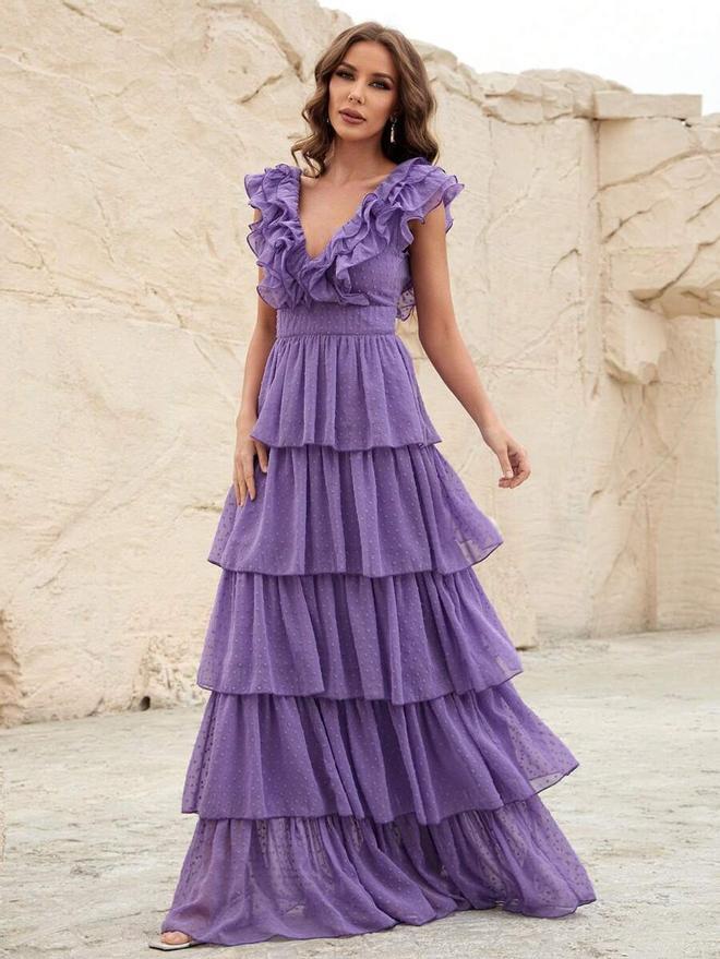 Vestido largo de tul con capas y volantes de Shein