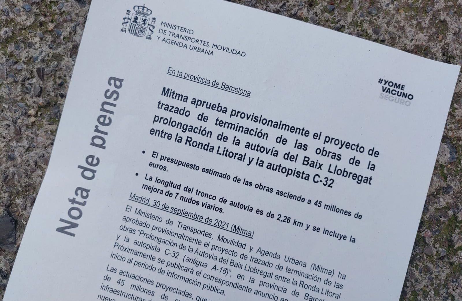 Nota de prensa del Ministerio de Transportes, Movilidad y Agenda Urbana sobre la prolongación de la Autovía del Baix Llobregat entre la Ronda Litoral y la autopista C-32