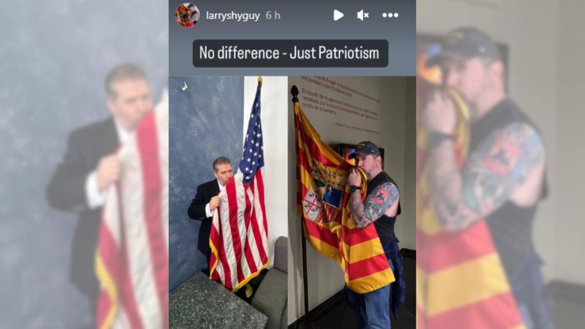 'Story' de @larryshyguy en la que se contrapone besando la bandera de EE.UU. y la de Aragón