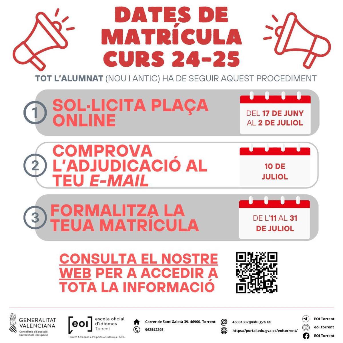 Fechas de matriculación de la Escuela de Idiomas de Torrent