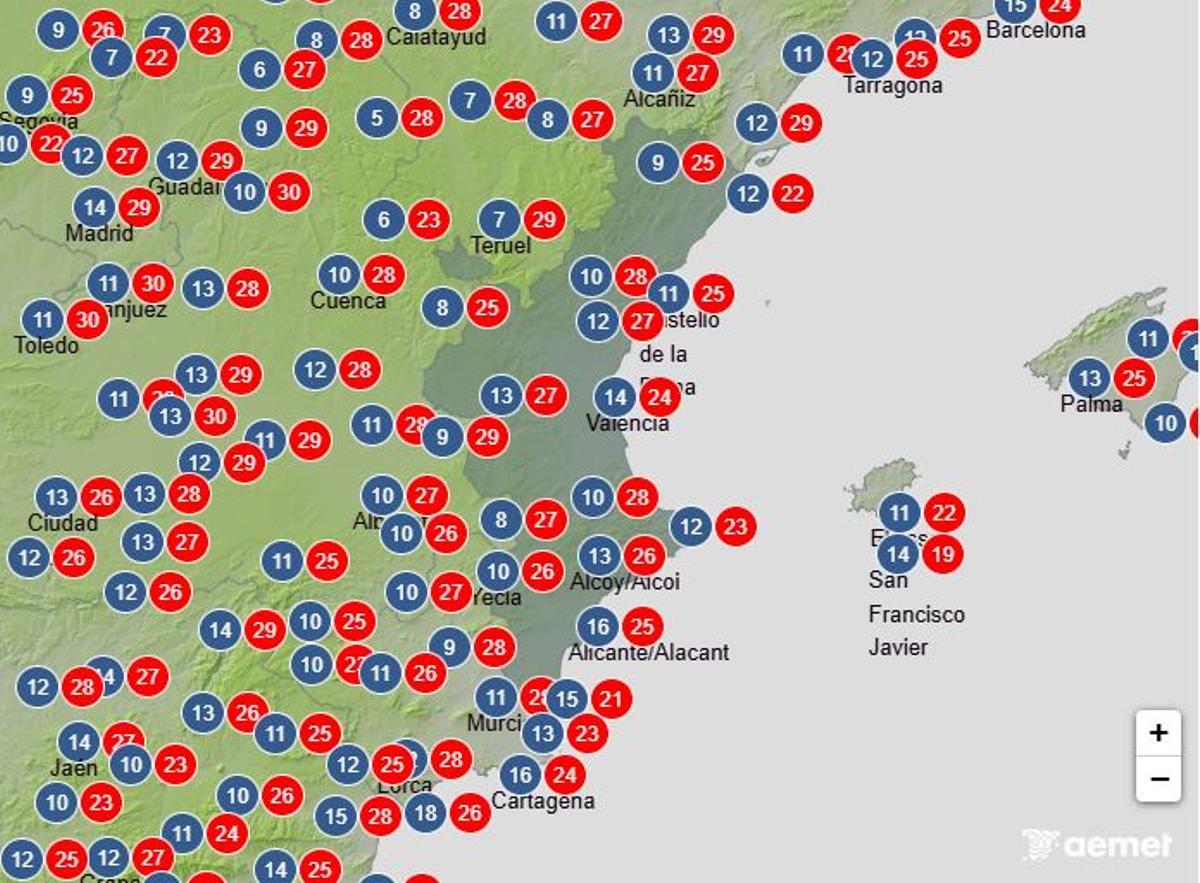 Temperaturas máximas y mínimas previstas por la Aemet en la Comunitat Valenciana para el viernes 10 de abril.