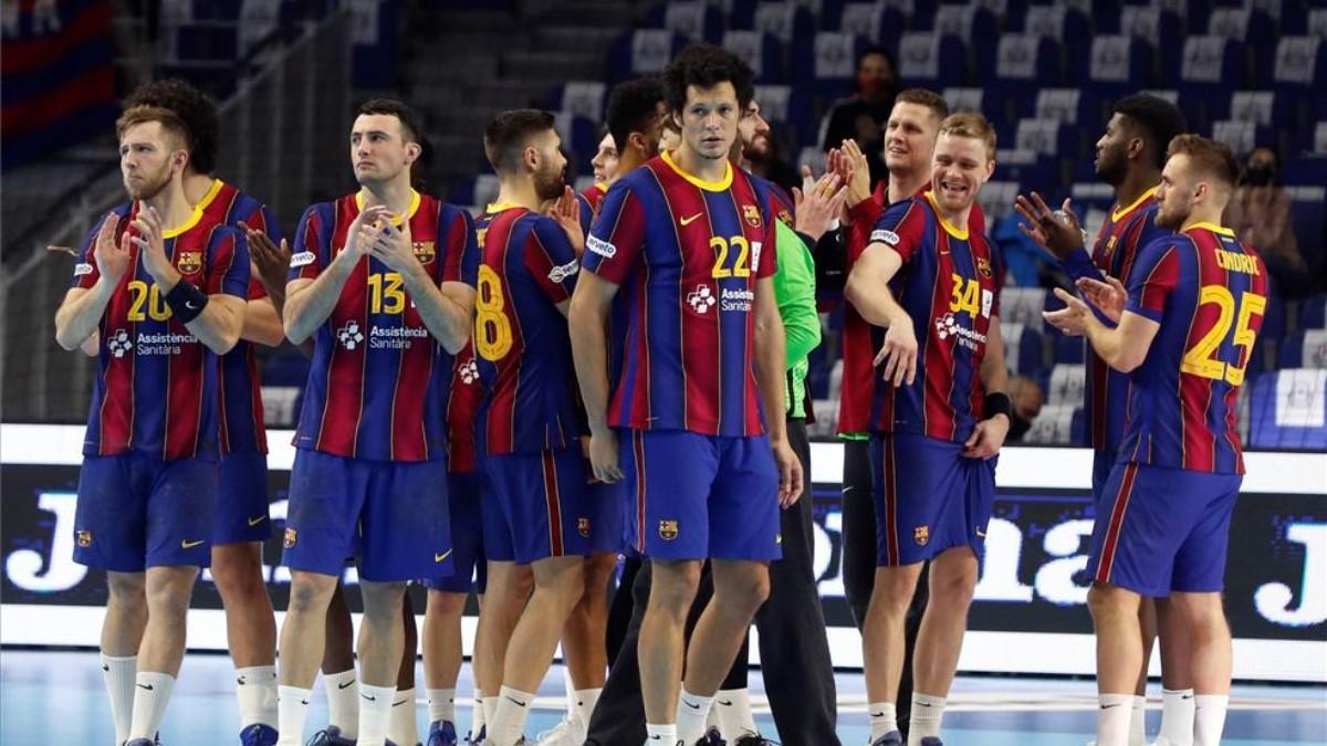 Los jugadores del Barcelona, tras vencer al Fraikin Granollers.