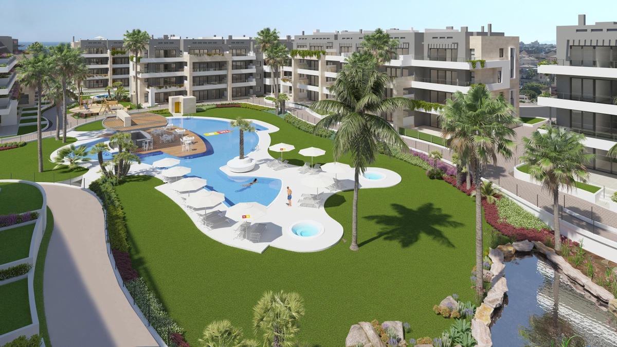 En plena Playa Flamenca (Orihuela Costa), se construye actualmente la tercera fase del residencial Flamenca Village.