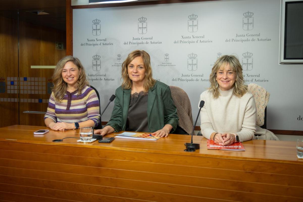Por la izquierda, Tania Alonso, Covadonga Tomé y Carmen Riesgo, esta mañana, en la Junta General del Principado.