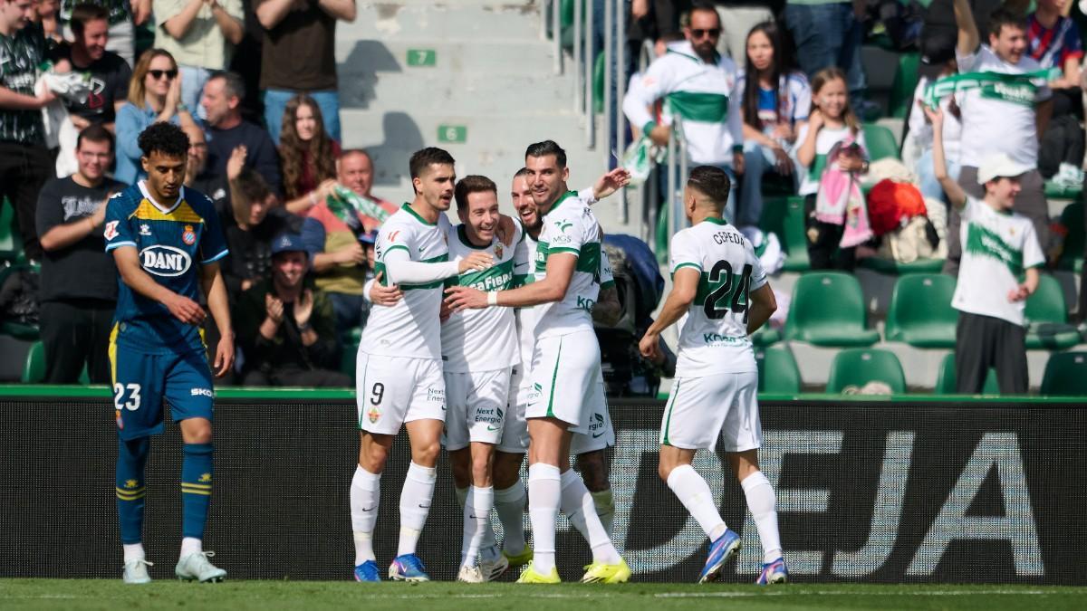 Marc Aguado of Elche CF celebrates after scoring his team's first goal during the Spanish League, LaLiga EA Sports, football match played between Elche CF and RCD Espanyol at Estadio Manuel Martinez Valero on March 1, 2026 in Elche, Alicante, Spain. AFP7 01/03/2026 ONLY FOR USE IN SPAIN