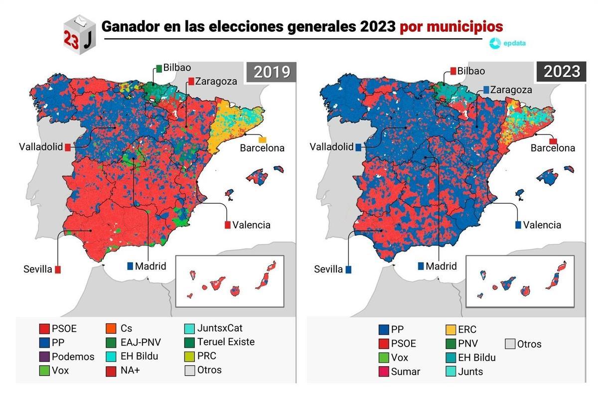 Ganador en las elecciones generales 2023 por municipios.