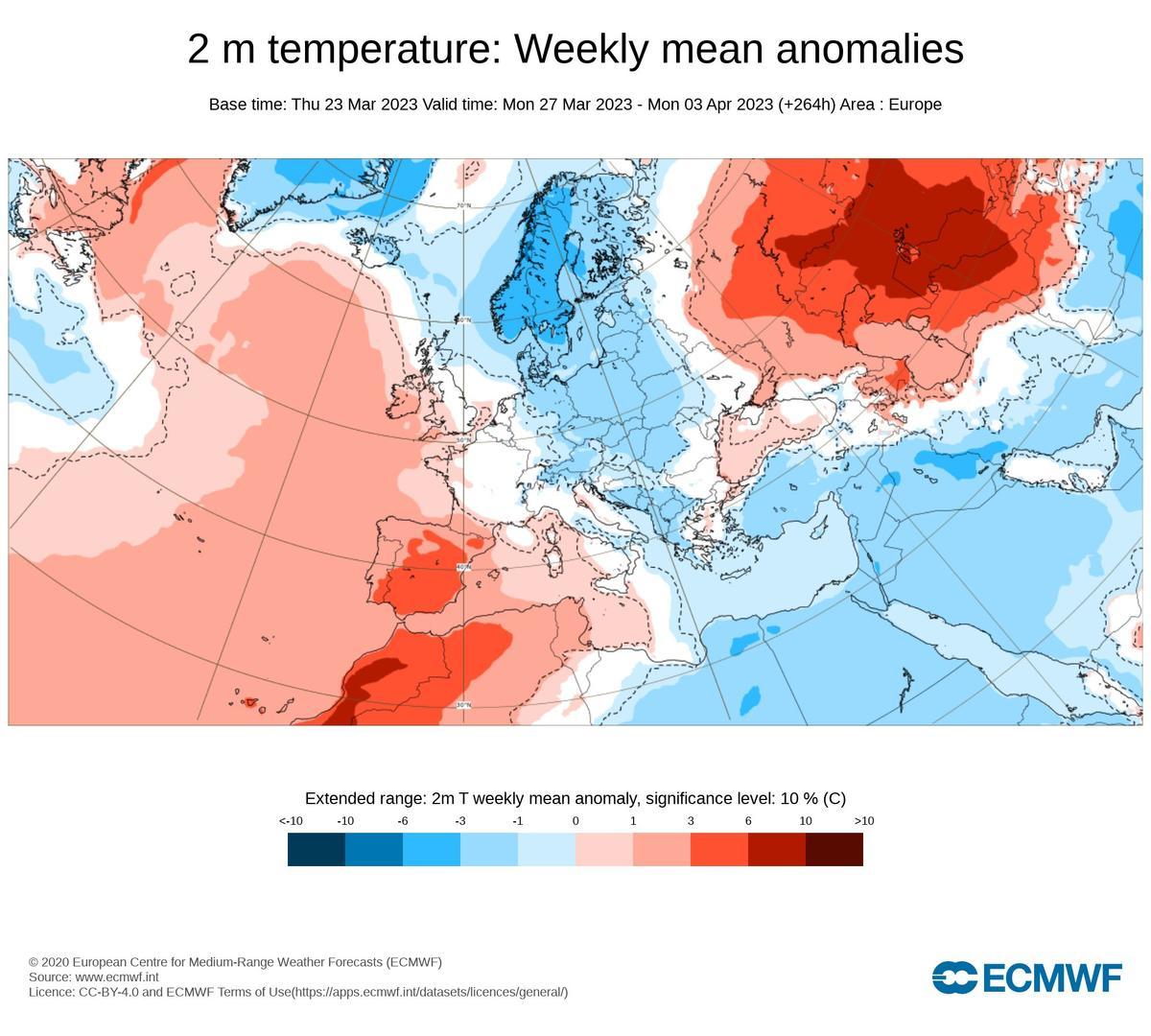 Anomalías térmicas previstas entre el 27 de marzo al 3 de abril en Europa.