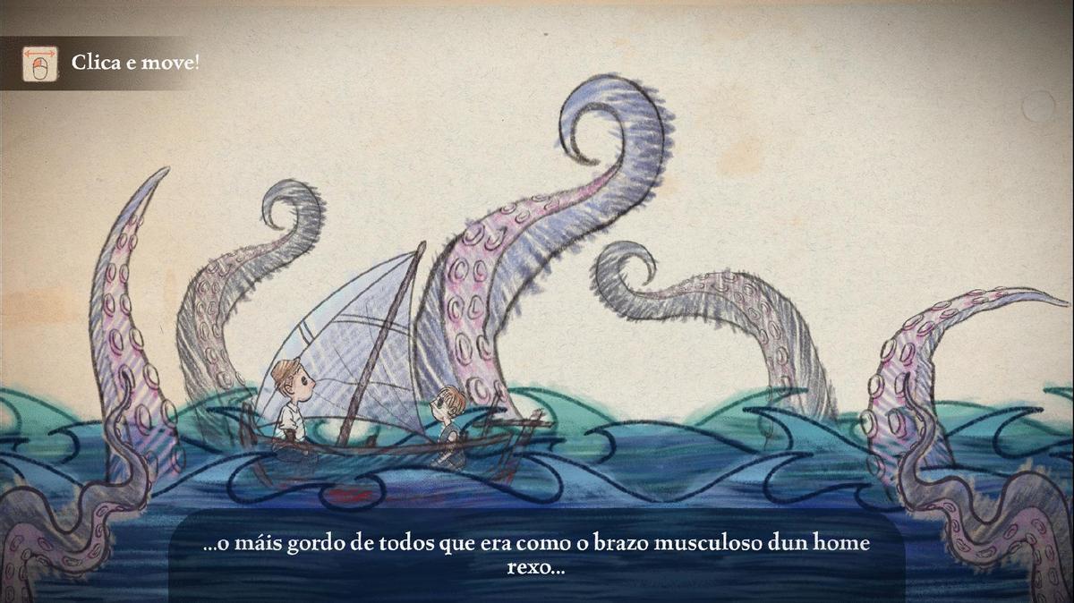 Gráfico do videoxogo «Un polbo xigante: Lembranzas dende o tren», que acadou o segundo premio.