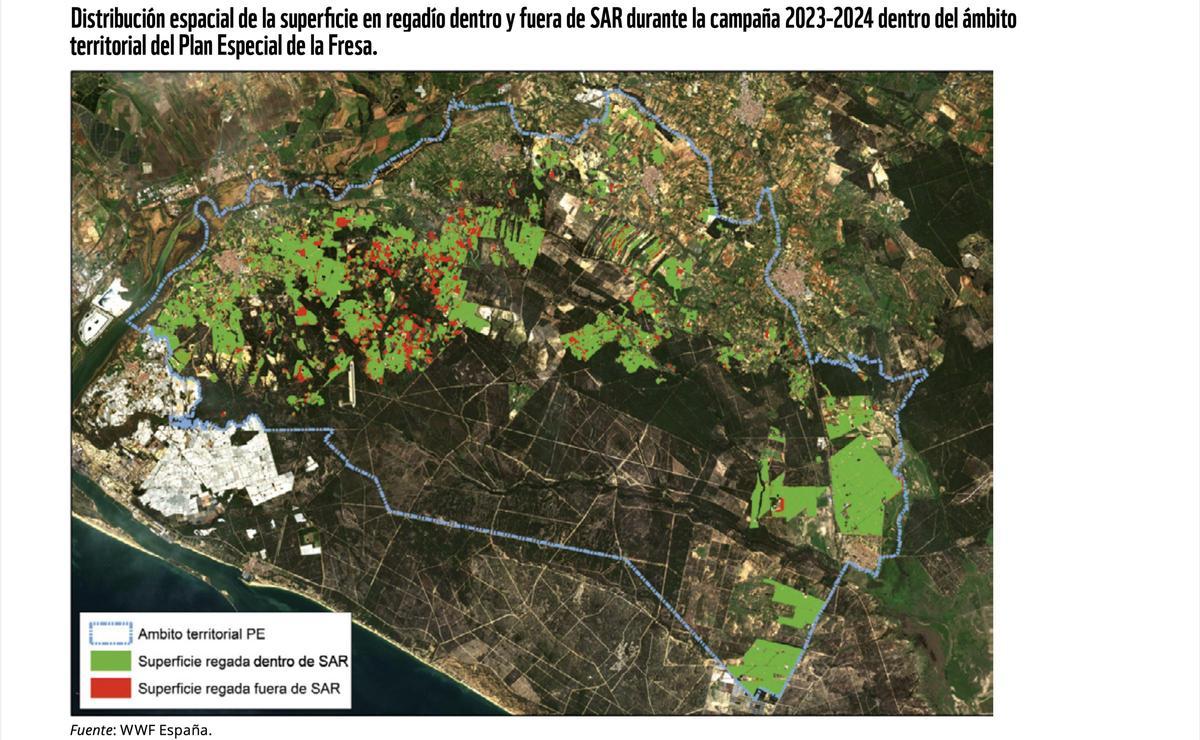 Distribución espacial de la superficie en regadío dentro y fuera de 'suelos agrñicolas regables'.