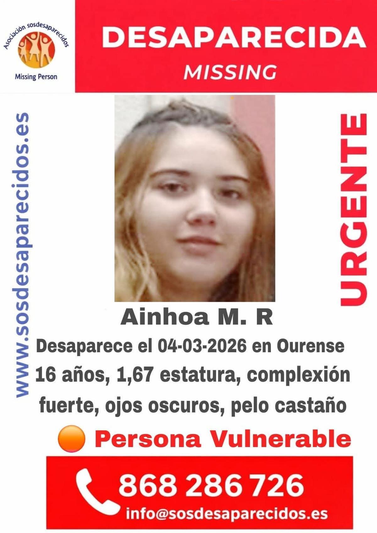 Cartel de SOS Desaparecidos con la desaparición de la menor.