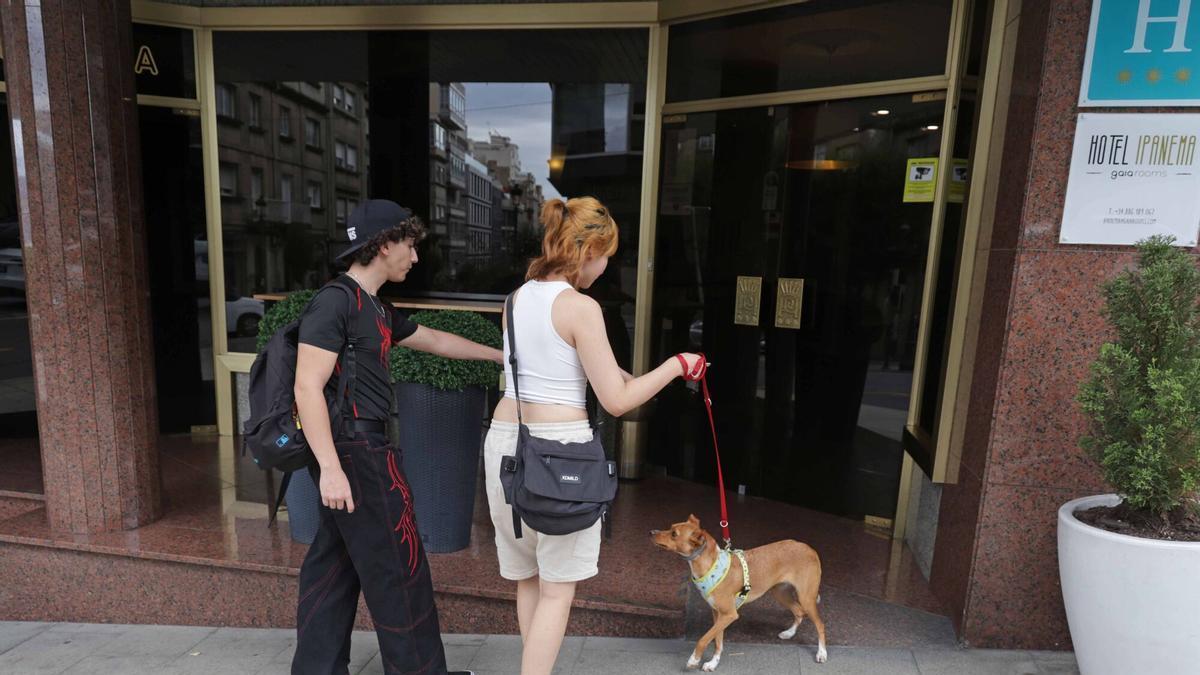 Una pareja entra con su perro al hotel Ipanema.