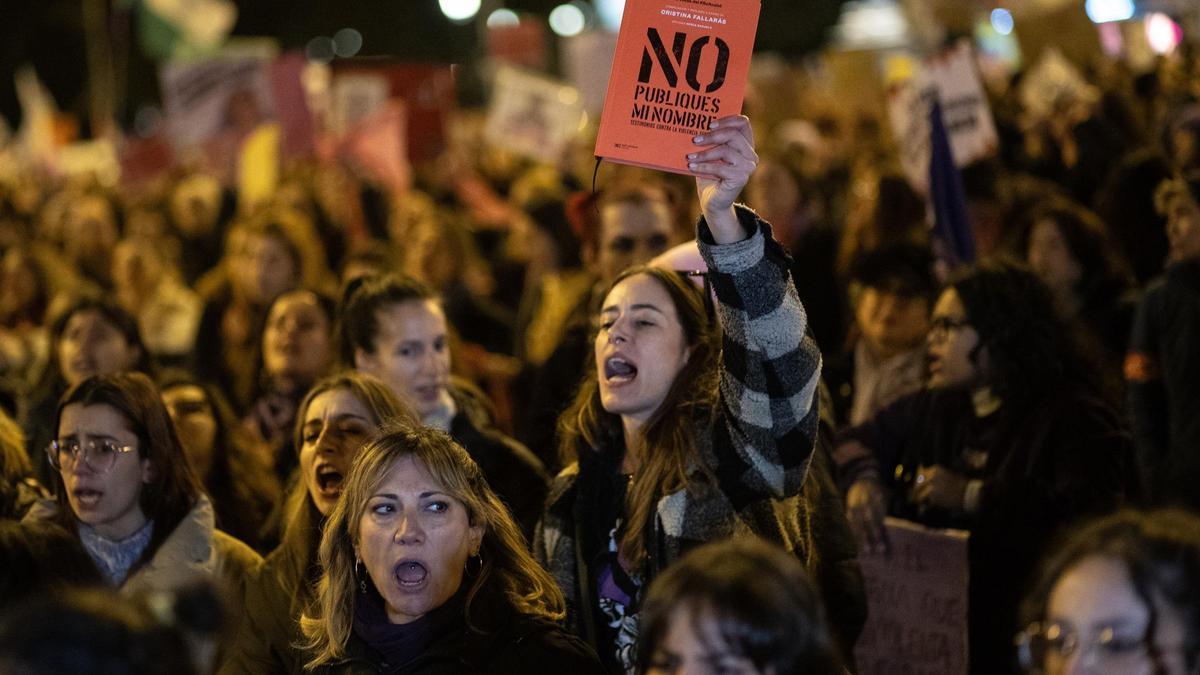 Una mujer levanta un libro durante la manifestación organizada por la Comisión 8M con motivo del 25N y bajo el lema "Juntas, el miedo cambia de bando".