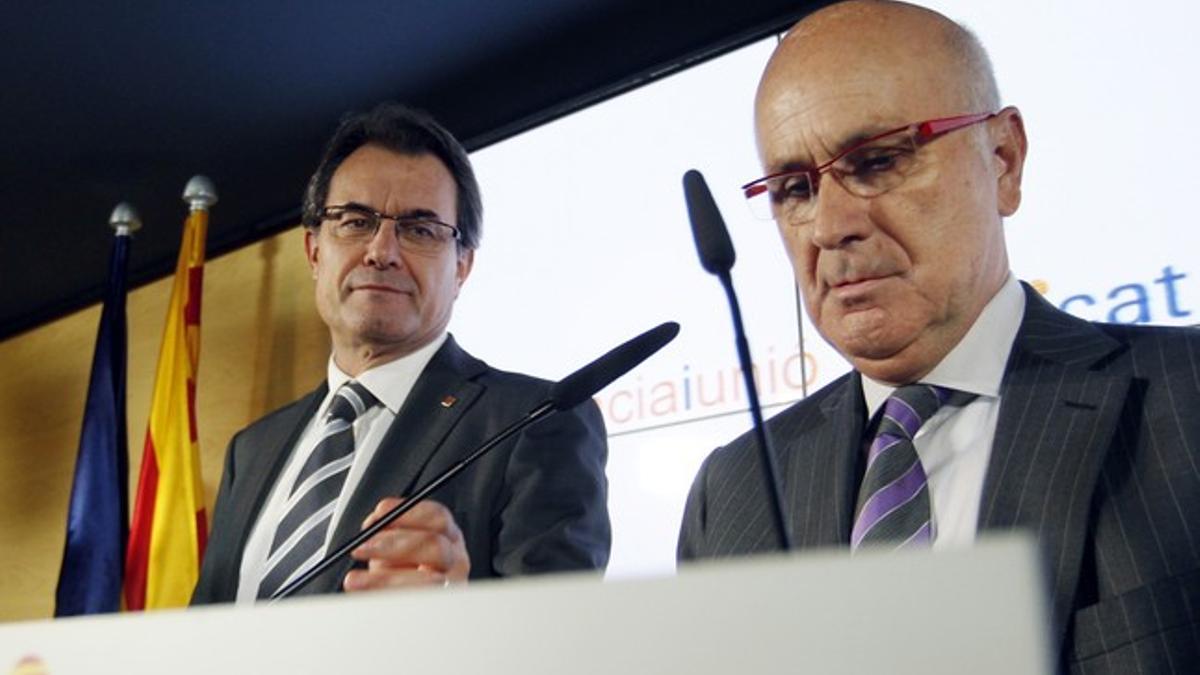 Josep Duran i Lleida y Artur Mas, durante su comparecencia conjunta el lunes en la sede de CiU.
