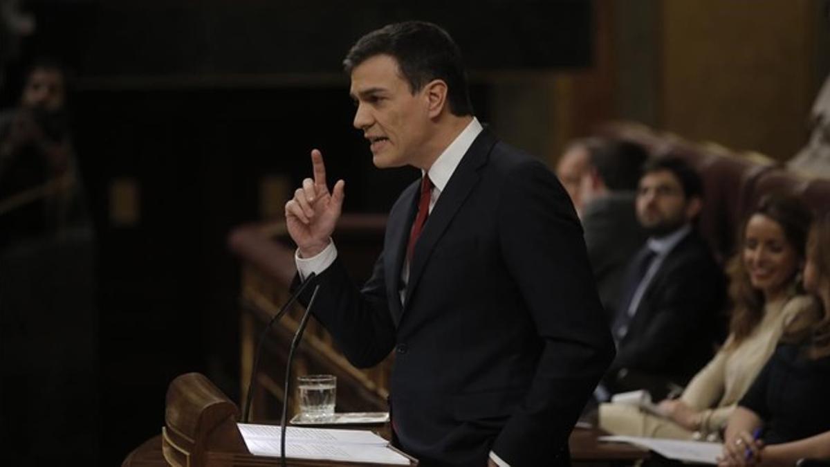 Pedro Sánchez, durante el debate de investidura en el Congreso, el pasado mes de marzo.