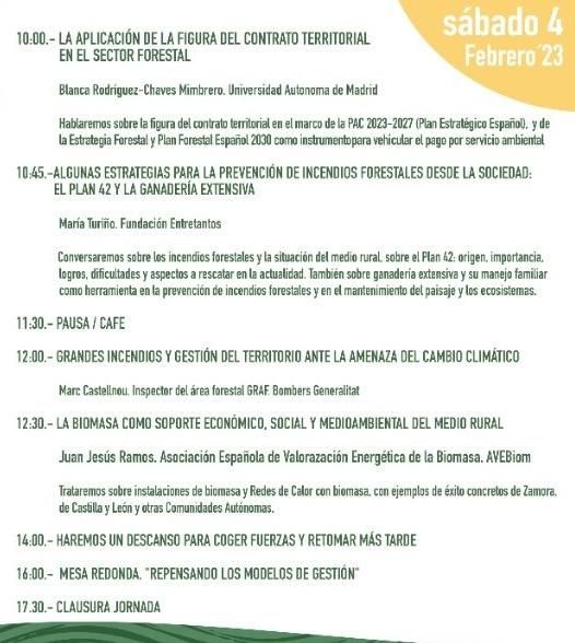 Programa completo del sábado de las jornadas sobre gestión forestal que se celebrarán en Tábara.