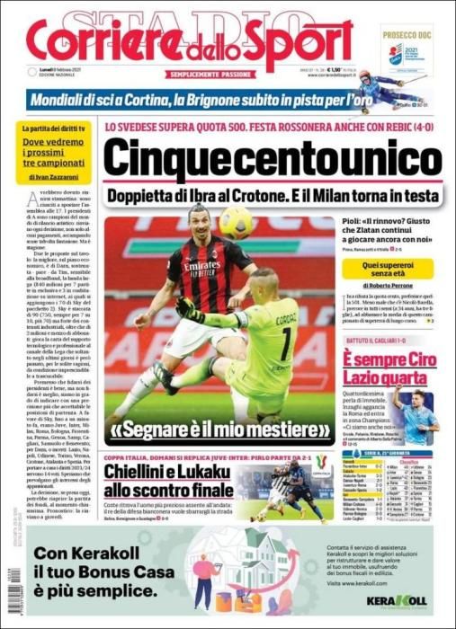 Portada CORRIERE DELLO SPORT lunes 8 febrero 2021