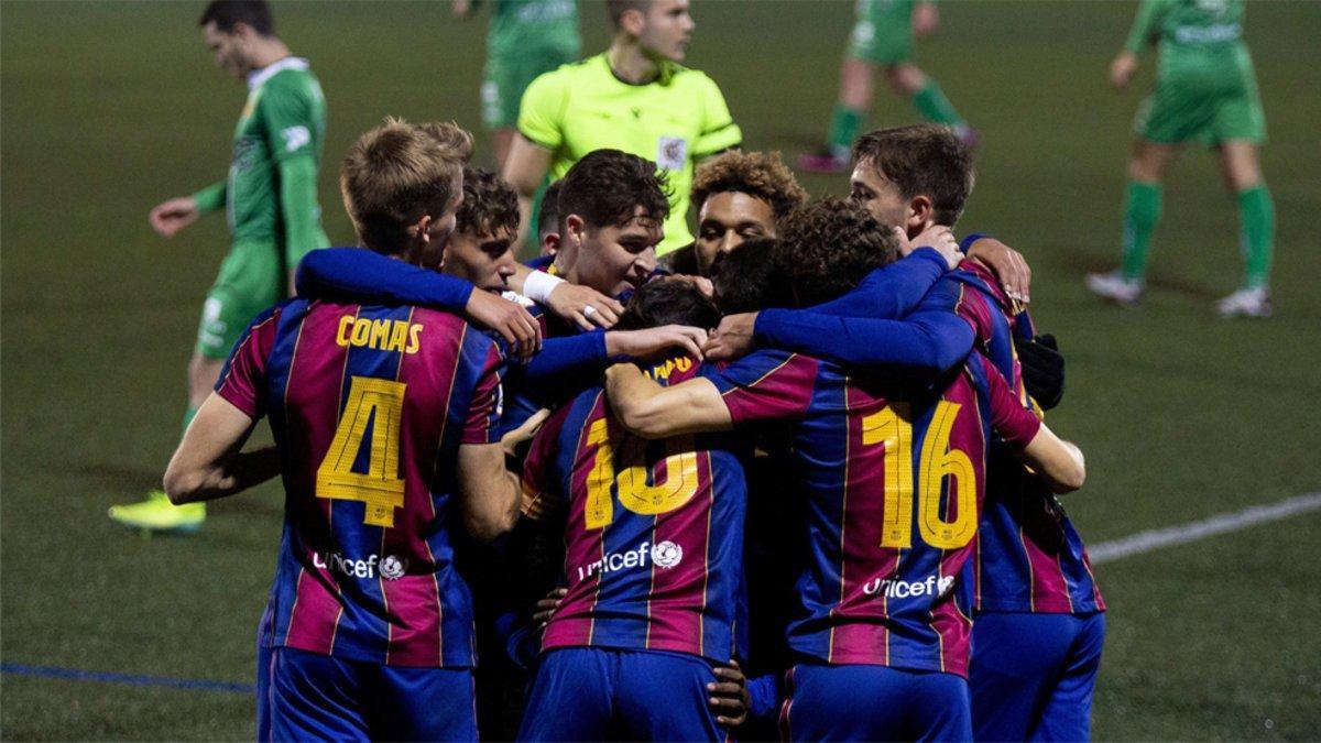 Los azulgranas celebran el gol de Collado