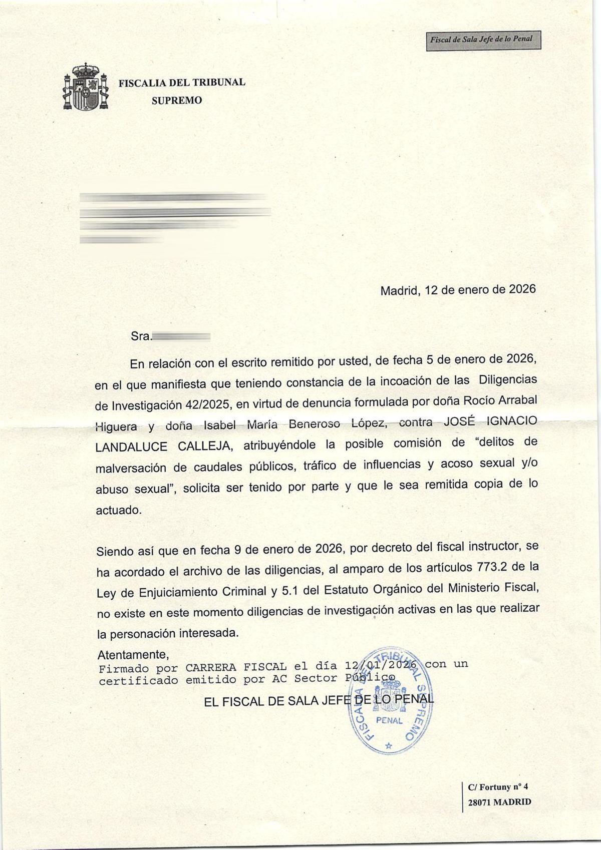 Comunicación del Ministerio Fiscal en la que se informa del archivo de la denuncia contra José Ignacio Landaluce.