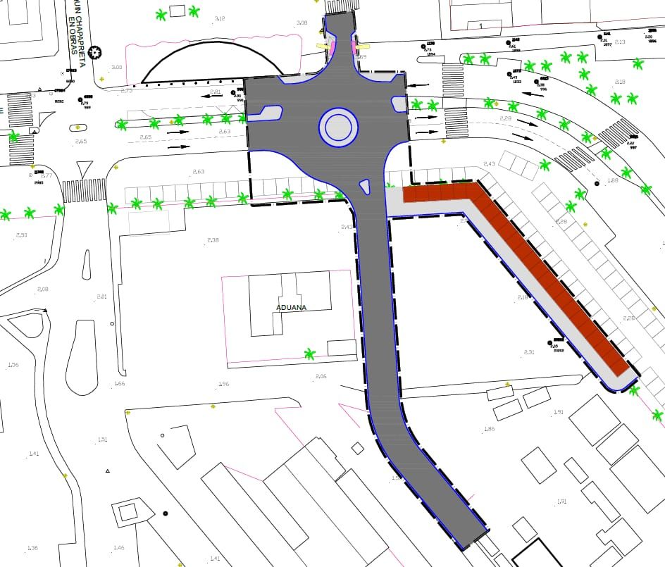 En gris la rotonda y sus viales. A la izquierda, la plaza de Waldo Calero. En rojo la nueva hilera de puestos de los hippies reubicada a la espalda de la actual hilera interior del paseo