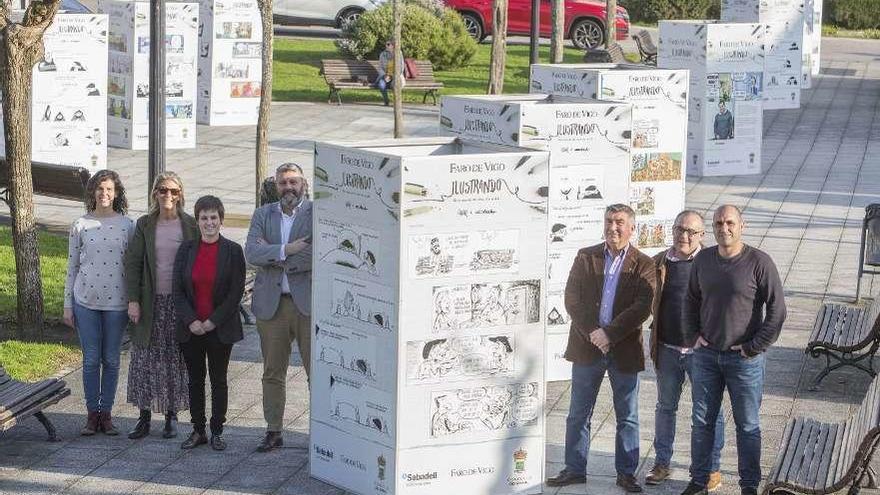 De izq. a dcha.: Sara Vicente, Teresa Montenegro, Ánxela Fernández (alcaldesa), Luis González (director comercial de FARO), César Paredes, Gabino Porto y Germán Fernández, ayer, en la inauguración de la muestra en la Plaza do Calvario de O Rosal. // Gustavo Rivas / D.B.M.